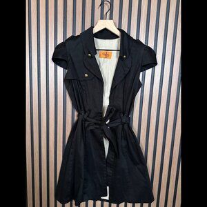Voom by Joy Han Coat Dress Small Womens Black Front Belted Puff Shoulder Stretch